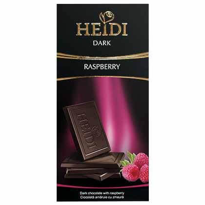 Heidi Dark Chocolate Bar with Raspberry Pieces  HEAT SENSITIVE ITEM. PLEASE ADD ITEM 122942 TO THE ORDER TO TRY TO PROTECT CHOCOLATES FROM HEAT DAMAGE. 80g