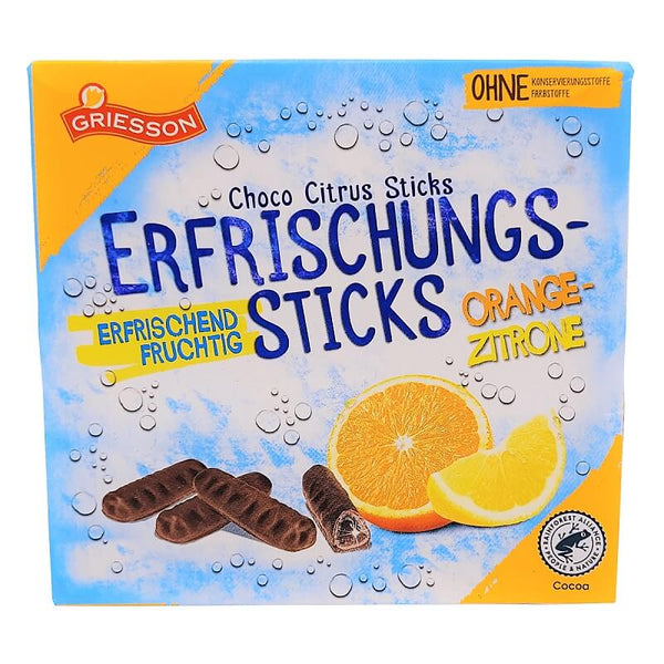 Griesson Erfrischungsstaebchen Orange Zitrone Sticks  HEAT SENSITIVE ITEM. PLEASE ADD ITEM 122942 TO THE ORDER TO TRY TO PROTECT CHOCOLATES FROM HEAT DAMAGE. 150g